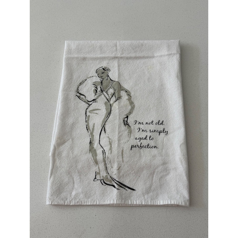 Aged to Perfection Fashion Illustration Tea Towel White Flour Sack Dish Cloth